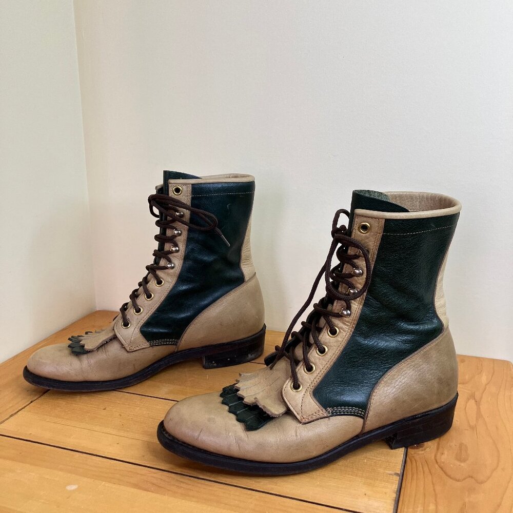 Boulet Canada Leather Lace Up Kiltie Western Boots 2-Tone Green/Tan Womens US 7